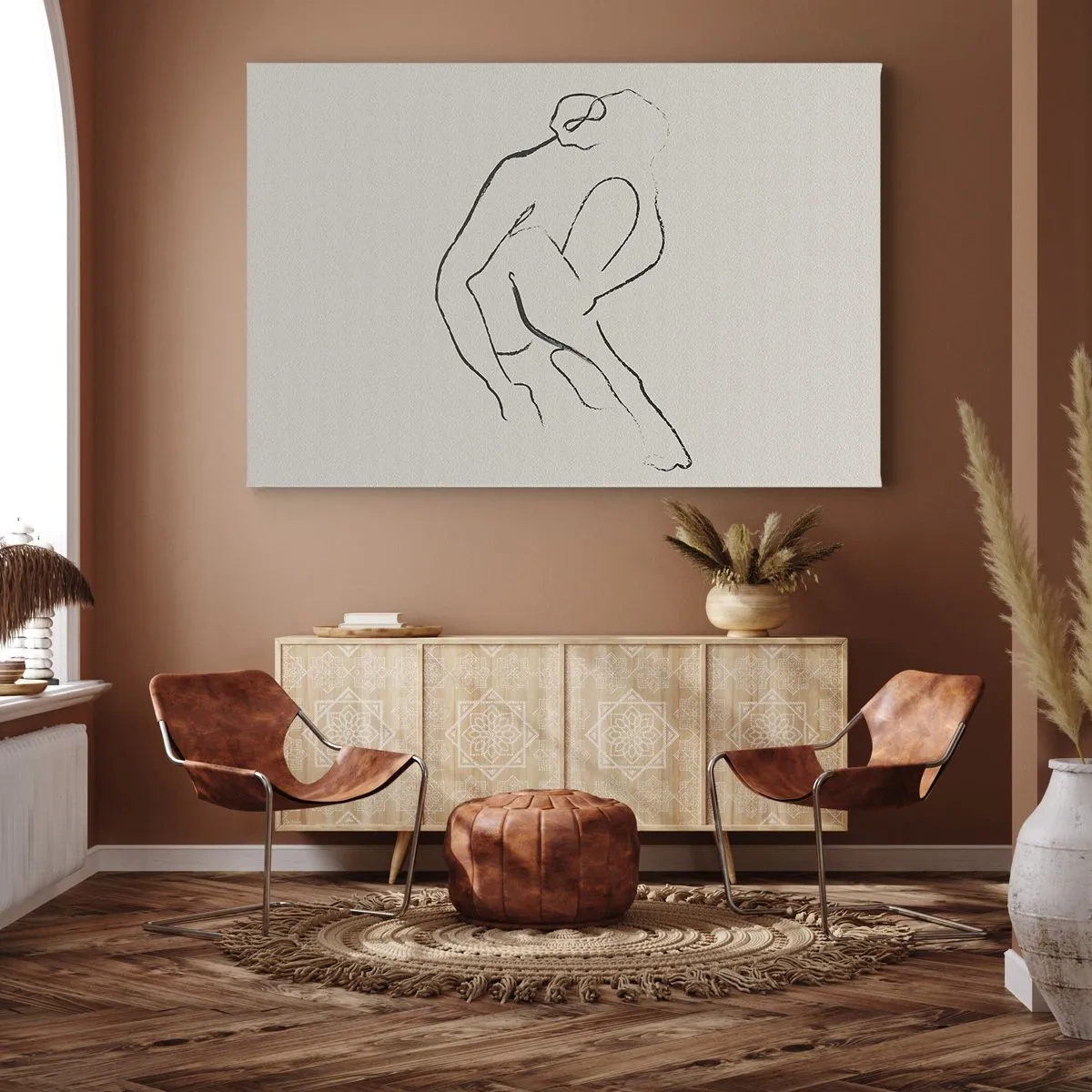 Obraz na płótnie - Minimalistyczna sylwetka w czerni na jasnym tle - 70x50cm - Szkic intymny - Nowoczesna dekoracja ścienna do salonu i sypialni ARTTOR