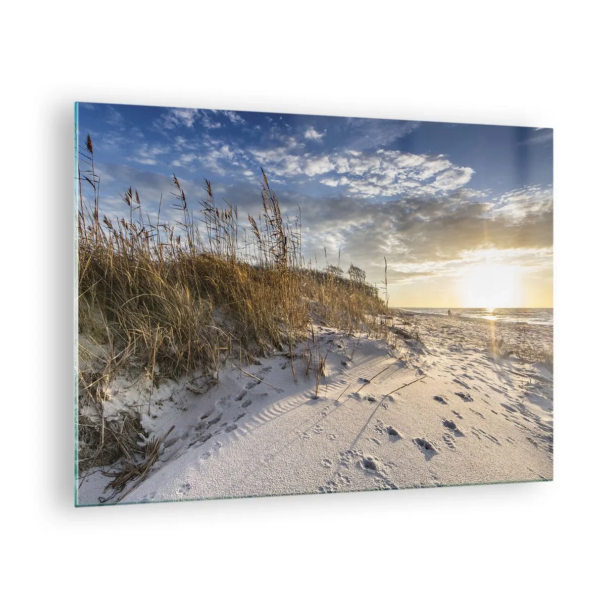 Obraz na szkle - Piaszczysta plaża o zachodzie słońca z trawami przy wydmie - 70x50cm - Zaproszenie na spacer - Nowoczesna dekoracja ścienna do salonu i sypialni ARTTOR