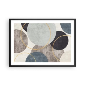 Plakat w czarnej ramie - Geometryczne okręgi w odcieniach szarości, błękitu i złota - 70x50cm - Koło za kołem - Nowoczesna dekoracja ścienna do salonu i sypialni ARTTOR