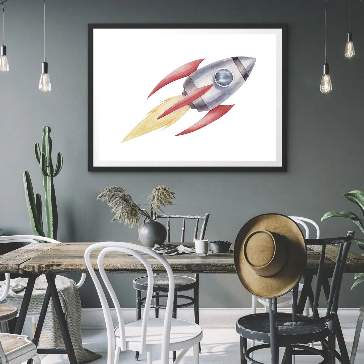 Plakat w czarnej ramie - Rakieta w stylu akwarelowym na białym tle - 70x50cm - Wyżej, prędzej, dalej - Nowoczesna dekoracja ścienna do salonu i sypialni ARTTOR