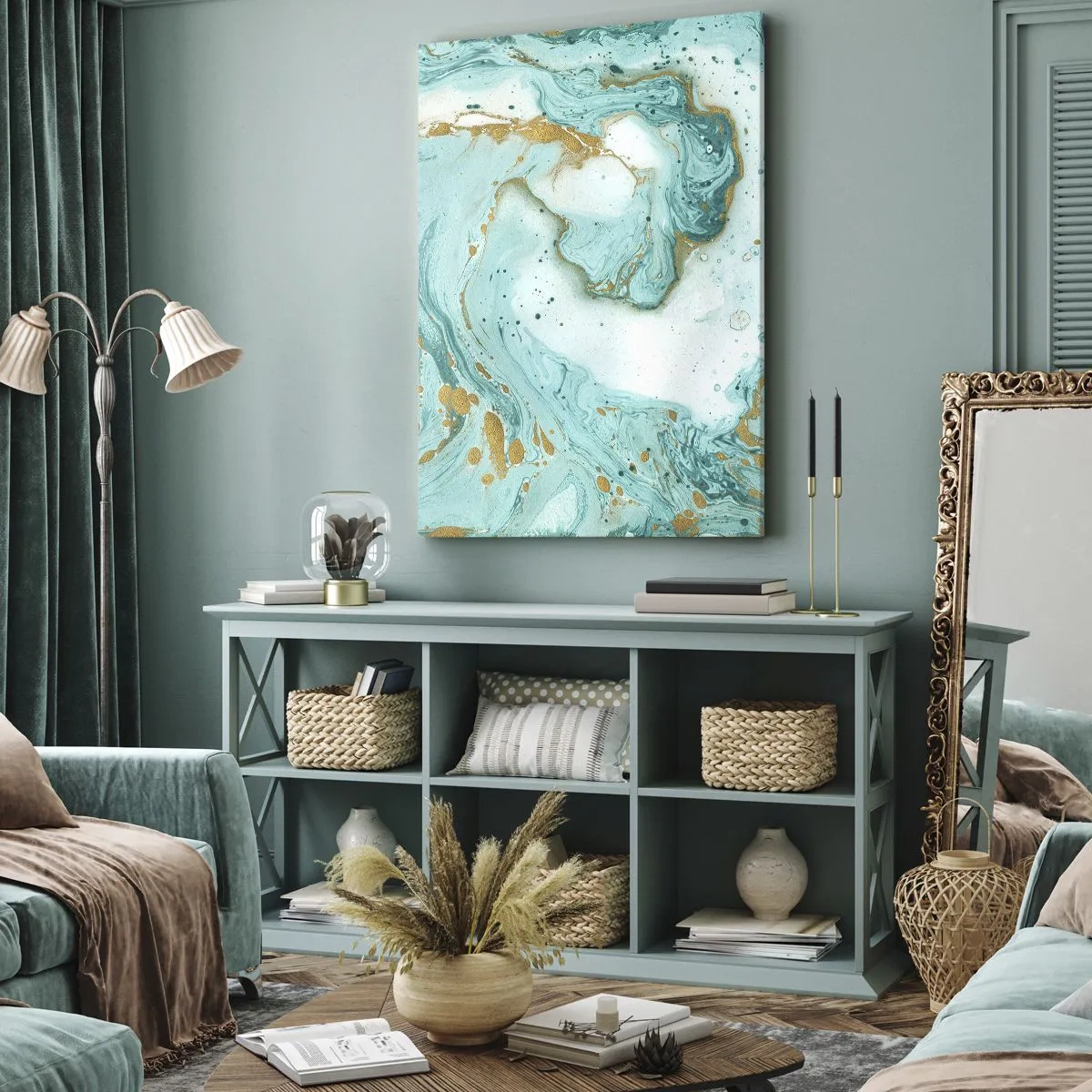 Obraz na płótnie - Turkusowa abstrakcja z złotymi akcentami - 50x70cm - Pod wielką falą z epoki Edo - Nowoczesna dekoracja ścienna do salonu, kuchni i sypialni ARTTOR