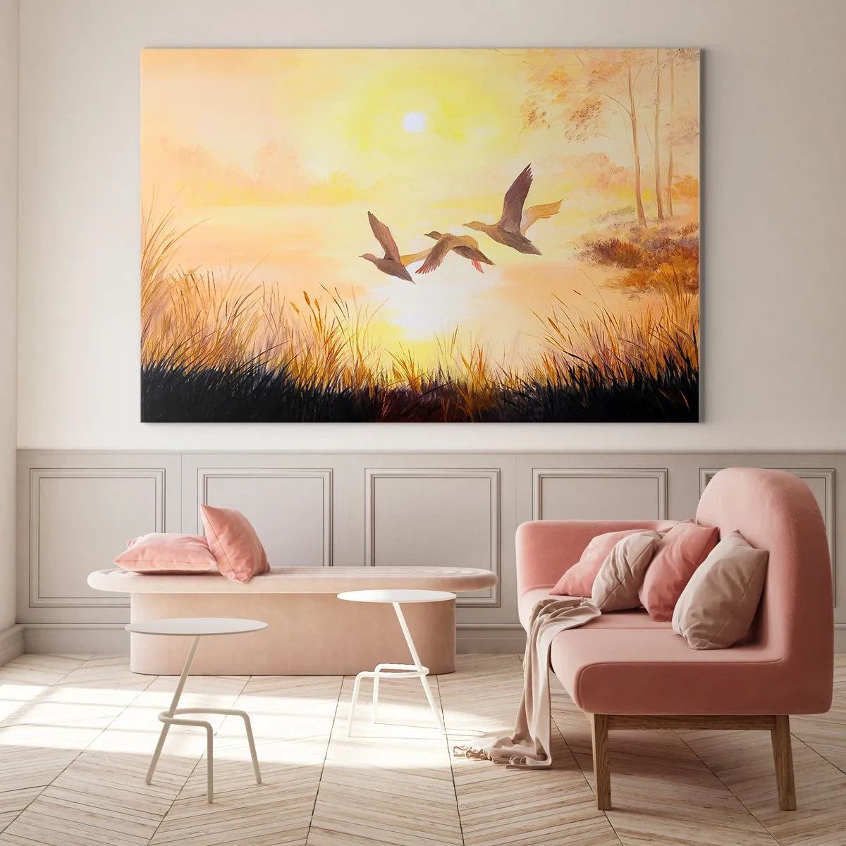 Obraz na szkle - Trzy kaczki w locie nad jeziorem o wschodzie słońca - 100x70cm - Początek dalekiej podróży - Nowoczesna dekoracja ścienna do salonu, kuchni i sypialni ARTTOR