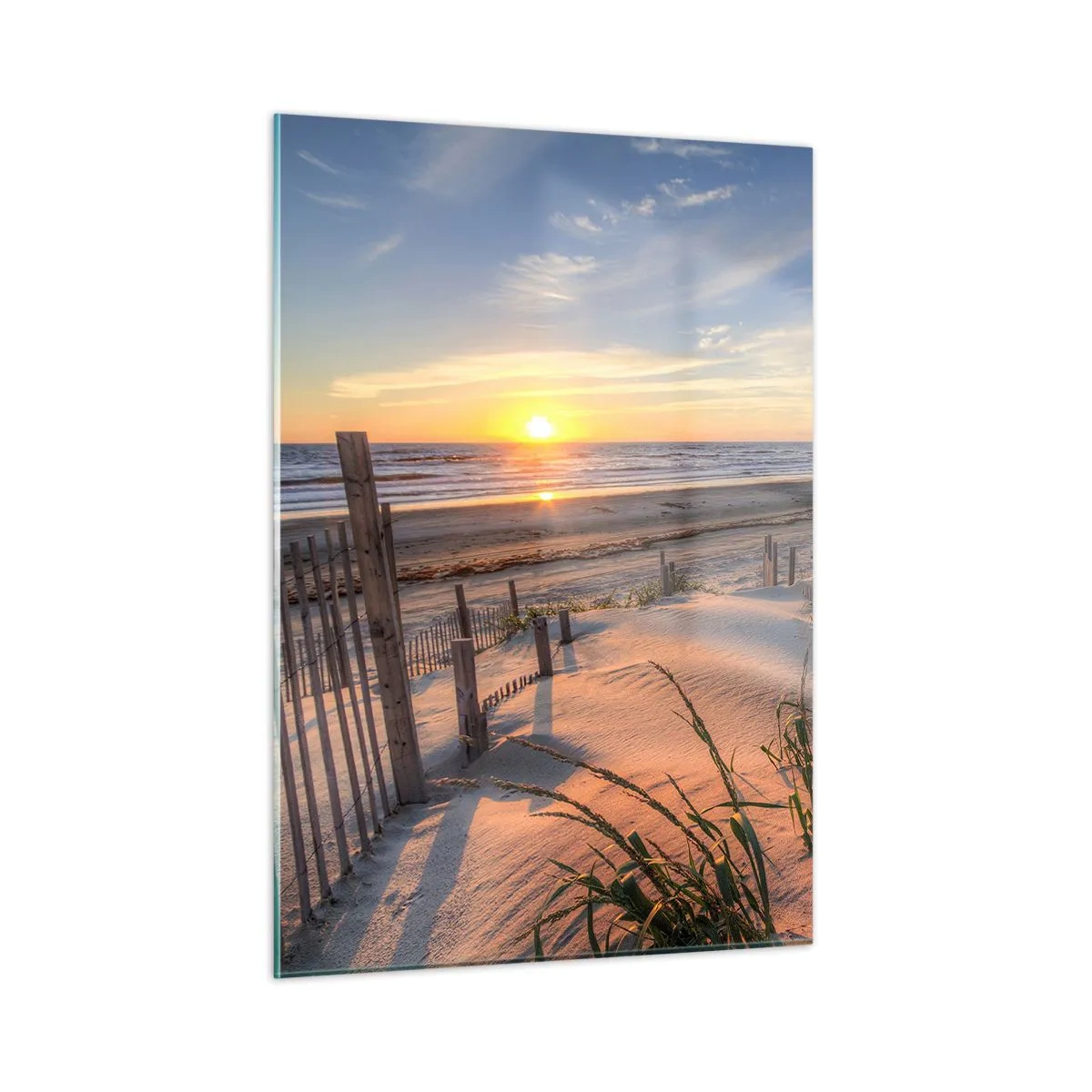 Obraz na szkle - Plaża z wydmami o zachodzie słońca - 50x70cm - Blask i cień wiatru - Nowoczesna dekoracja ścienna do salonu, kuchni i sypialni ARTTOR