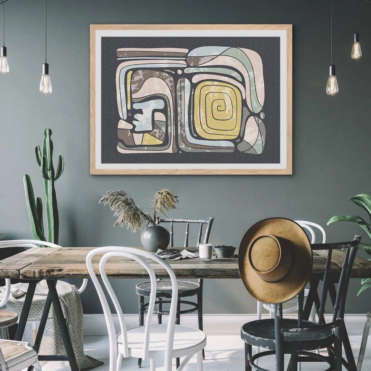 Plakat w ramie jasny dąb - Abstrakcja w duchu prekolumbijskim - 100x70 cm
