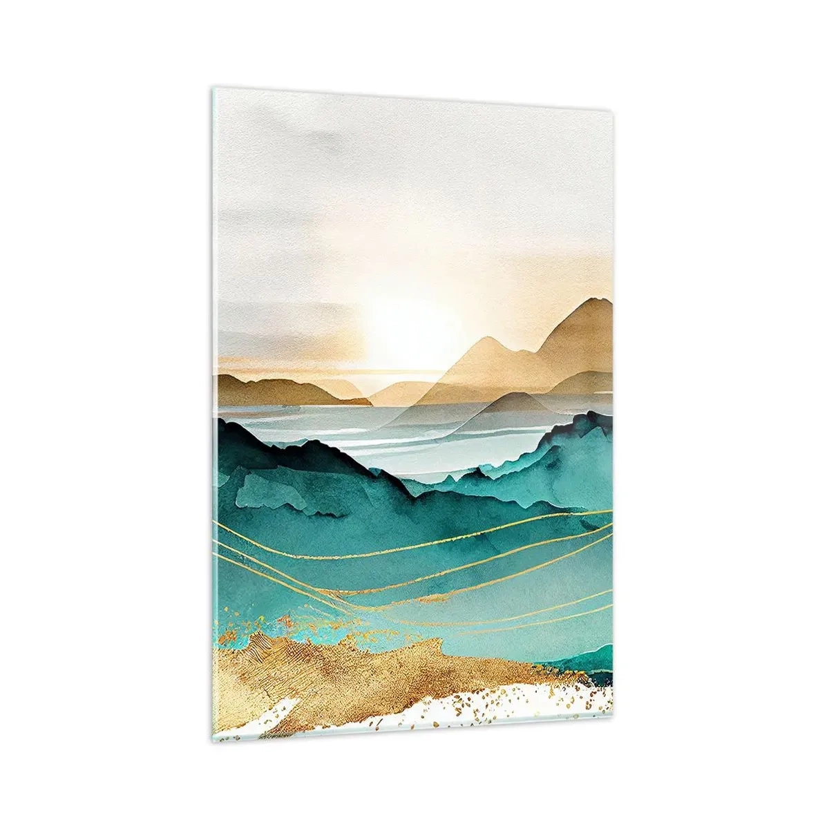 Obraz na szkle - Abstrakcyjny pejzaż z górami i złotymi akcentami - 80x120cm - Na granicy abstrakcji – pejzaż - Nowoczesna dekoracja ścienna do salonu i sypialni ARTTOR
