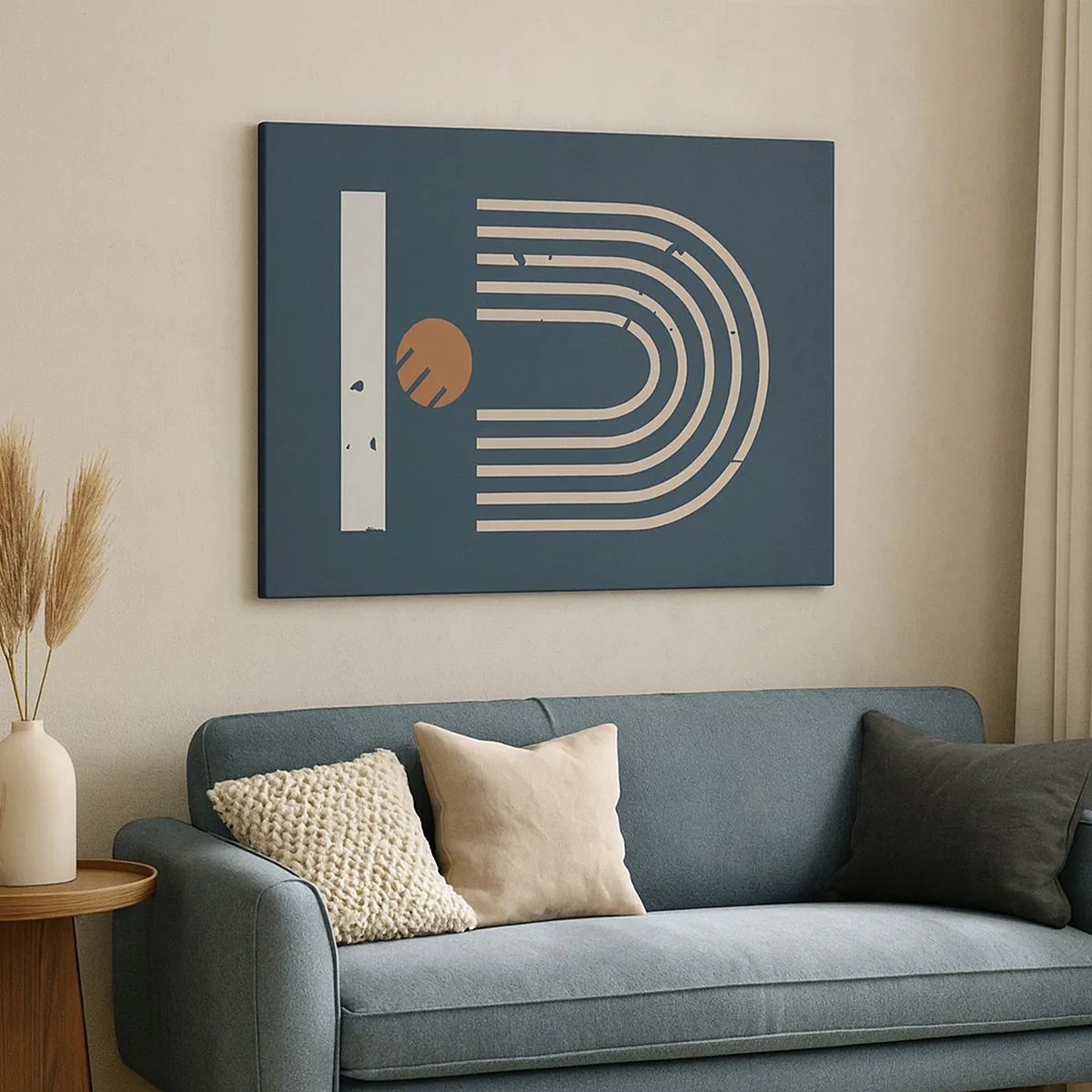 Obraz na płótnie - Geometryczny wzór w odcieniach granatu, beżu i pomarańczu na ciemnym tle - 70x50cm - Geometria na granacie - Nowoczesna dekoracja ścienna do salonu i sypialni ARTTOR