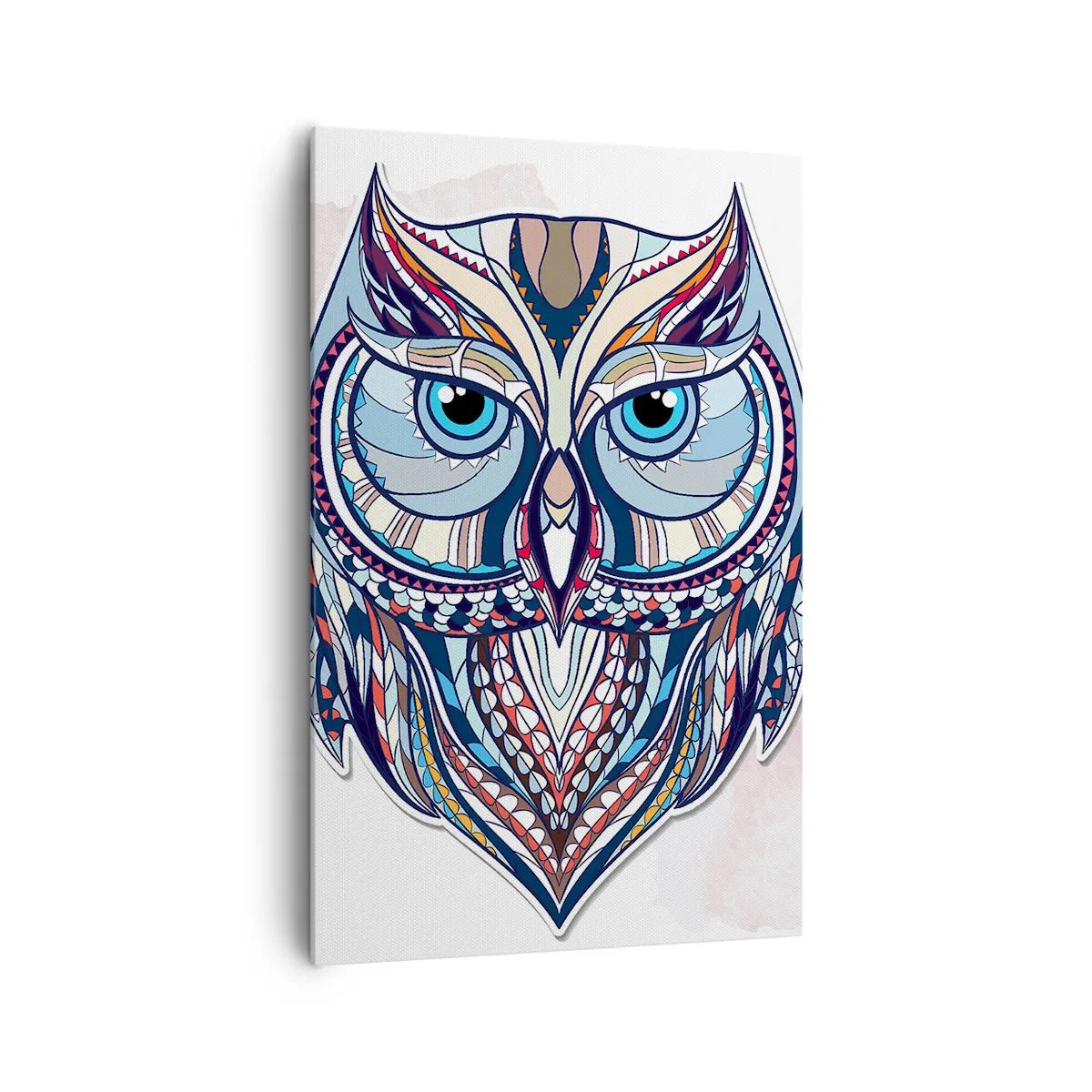 Obraz na płótnie - Geometryczna sowa w odcieniach niebieskiego i beżowego - 80x120cm - Kunsztowna sowa ornamentowa - Nowoczesna dekoracja ścienna do salonu i sypialni ARTTOR