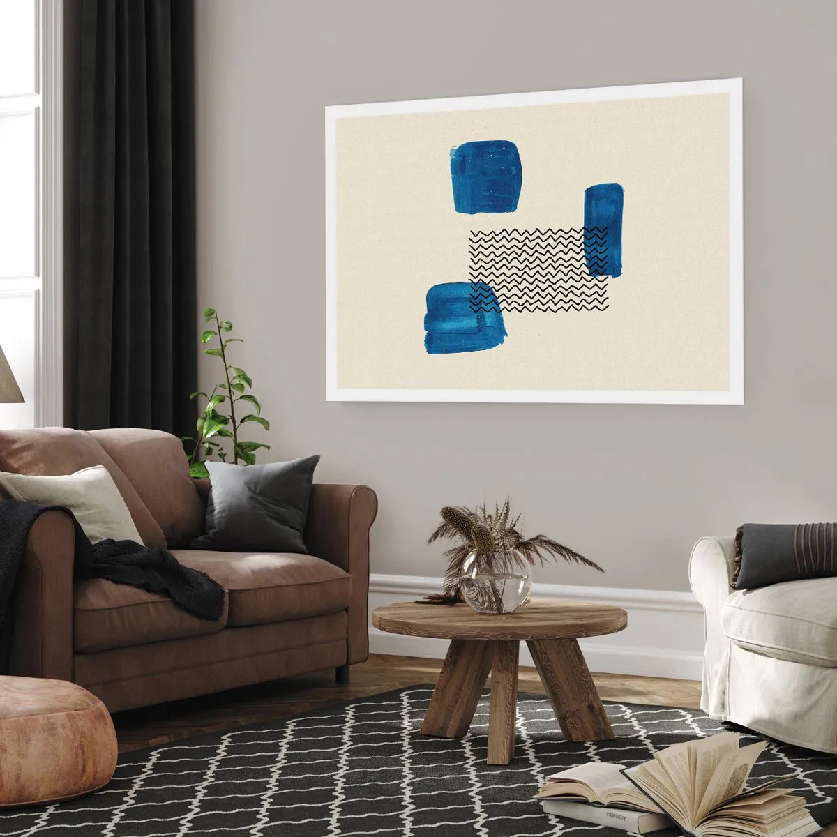 Plakat - Abstrakcyjna kompozycja z niebieskimi plamami i falistymi liniami - 100x70cm - Abstrakcyjny kwartet - Nowoczesna dekoracja ścienna do salonu i sypialni ARTTOR