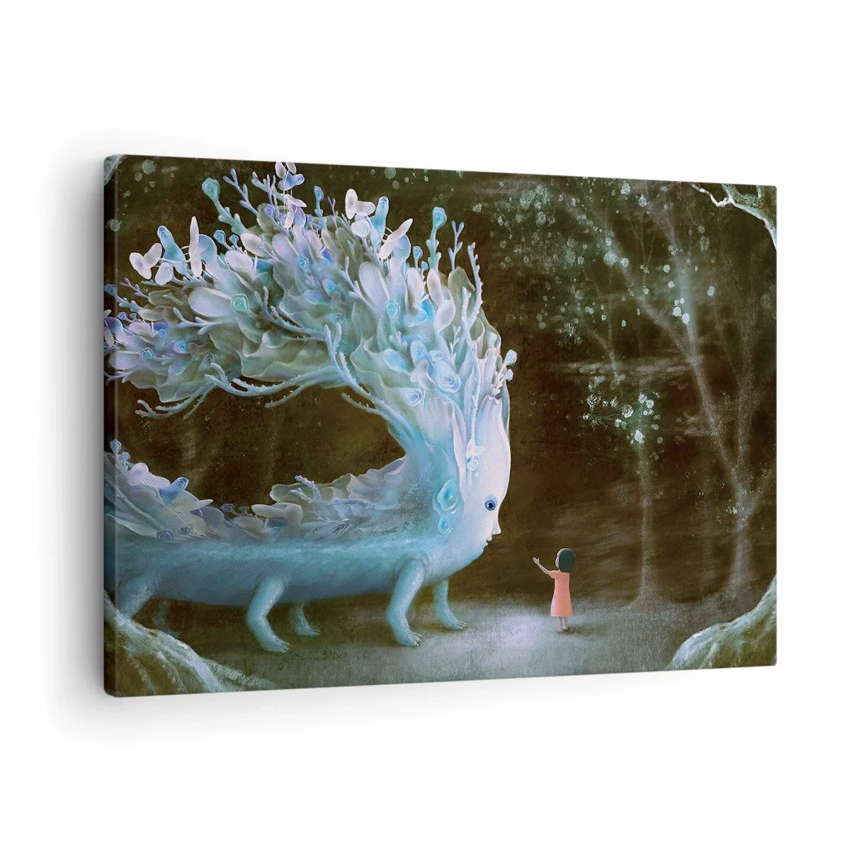 Obraz na płótnie - Postać dziewczynki naprzeciw fantastycznego stworzenia - 70x50cm - Fantastyczne spotkanie - Nowoczesna dekoracja ścienna do salonu i sypialni ARTTOR