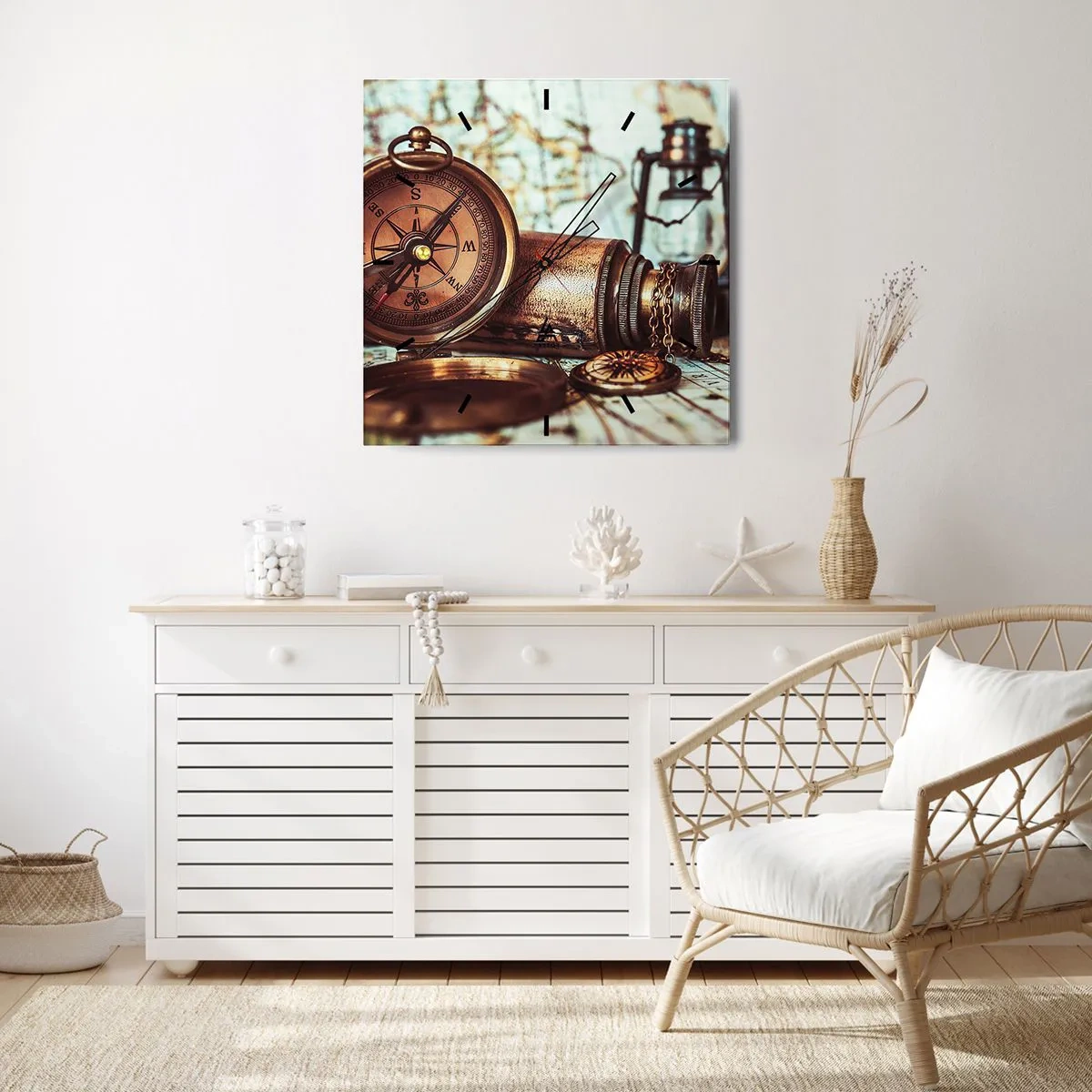 Zegar ścienny - Zestaw retro z kompasem, lunetą i mapą w klimacie podróżniczym - 30x30cm - Piracka przygoda na Karaibach czeka - Nowoczesna dekoracja ścienna do salonu i sypialni ARTTOR