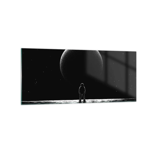 Obraz na szkle - Astronauta na tle wielkiej planety w przestrzeni kosmicznej - 120x50cm - Twarzą w twarz - Nowoczesna dekoracja ścienna do salonu i sypialni ARTTOR