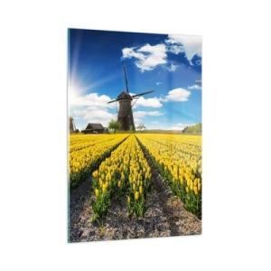 Obraz na szkle - Pole żółtych tulipanów z wiatrakami w tle w słoneczny dzień - 50x70cm - Bardziej holenderski być nie może - Nowoczesna dekoracja ścienna do salonu, kuchni i sypialni ARTTOR