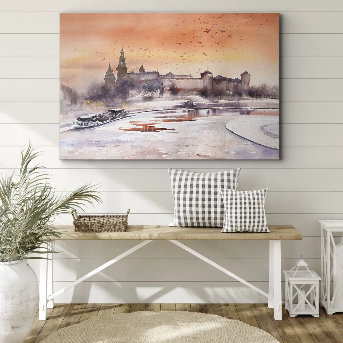 Obraz na płótnie - Zachód słońca nad zamkiem w zimowej scenerii - 70x50cm - Królewski zachód słońca - Nowoczesna dekoracja ścienna do salonu i sypialni ARTTOR