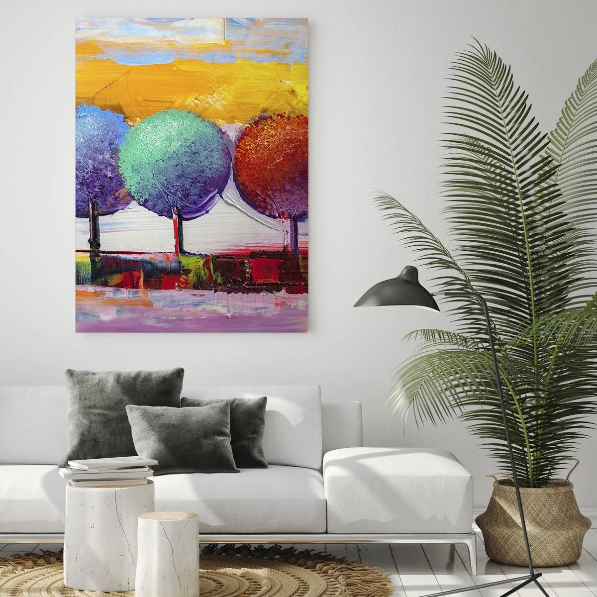 Obraz na szkle - Kolorowe abstrakcyjne drzewa na intensywnym tle - 50x70cm - Do trzech razy sztuka - Nowoczesna dekoracja ścienna do salonu, kuchni i sypialni ARTTOR