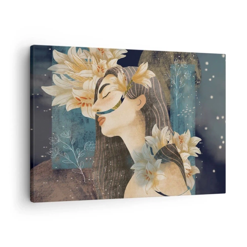 Obraz na płótnie - Portret kobiety z kwiatami w artystycznym stylu na ciemnym tle - 70x50cm - Baśń o królewnie z liliami - Nowoczesna dekoracja ścienna do salonu i sypialni ARTTOR