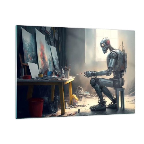 Obraz na szkle - Robot malujący obrazy w artystycznej pracowni - 120x80cm - Akt kreacji - Nowoczesna dekoracja ścienna do salonu, kuchni i sypialni ARTTOR