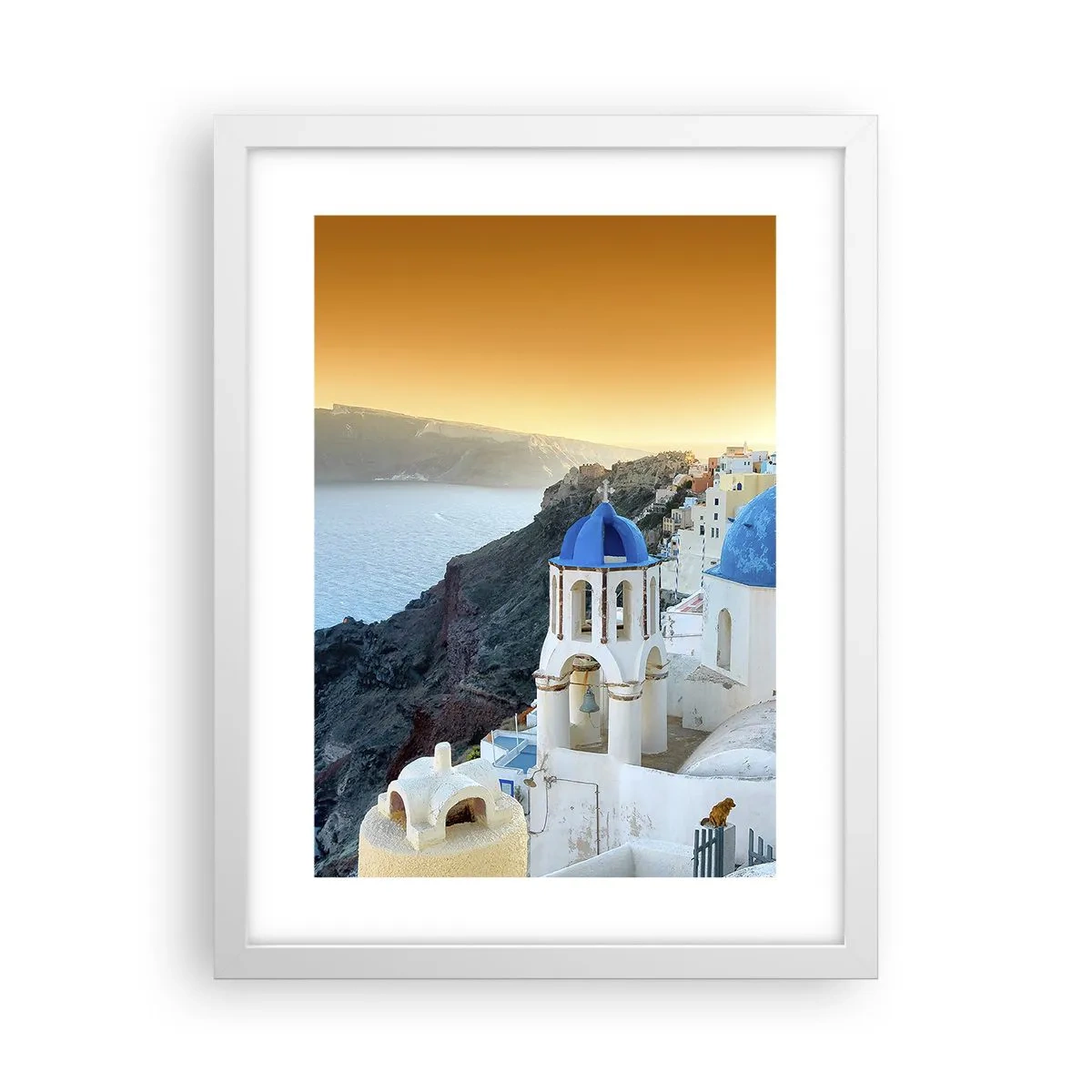 Plakat w białej ramie - Santorini - przytulone do skał - 30x40 cm