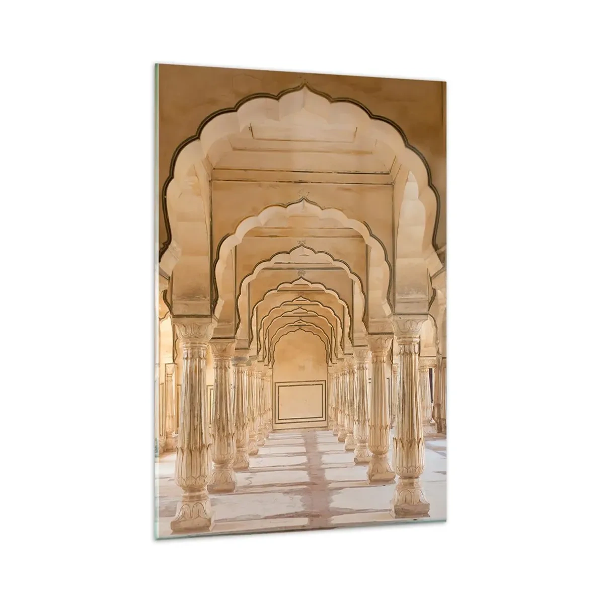 Obraz na szkle - Zdobione łuki i kolumny w pałacu o złocistych barwach - 80x120cm - W pałacu maharadży - Nowoczesna dekoracja ścienna do salonu i sypialni ARTTOR