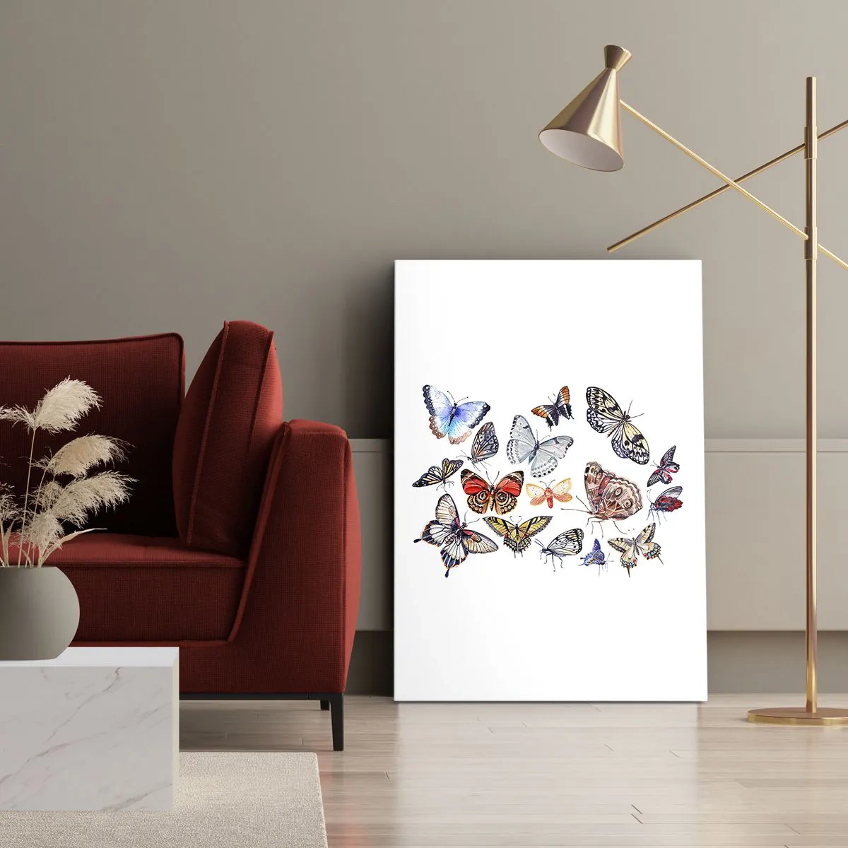 Obraz na płótnie - Kolorowe motyle na białym tle - 50x70cm - Koronkowy, barwny rój - Nowoczesna dekoracja ścienna do salonu, kuchni i sypialni ARTTOR