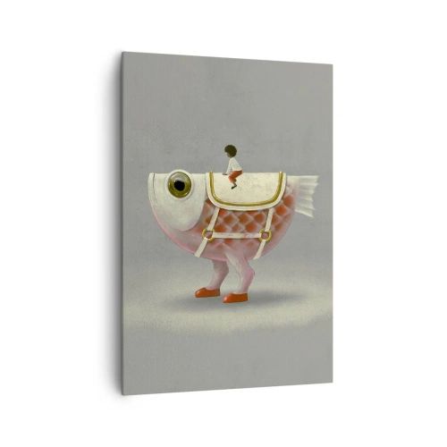 Obraz na płótnie - Fantazyjny jeździec na rybie z nogami i siodłem - 70x100cm - Ryboński jeździec - Nowoczesna dekoracja ścienna do salonu i sypialni ARTTOR