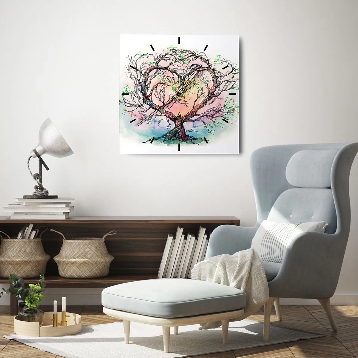 Zegar ścienny - Drzewo w kształcie serca na tle delikatnych pastelowych kolorów - 30x30cm - Razem przeciwko wichurom - Nowoczesna dekoracja ścienna do salonu i sypialni ARTTOR