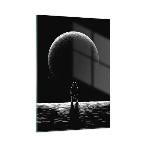 Obraz na szkle - Astronauta stojący naprzeciw planety w czerni i bieli - 50x70cm - Twarzą w twarz - Nowoczesna dekoracja ścienna do salonu, kuchni i sypialni ARTTOR