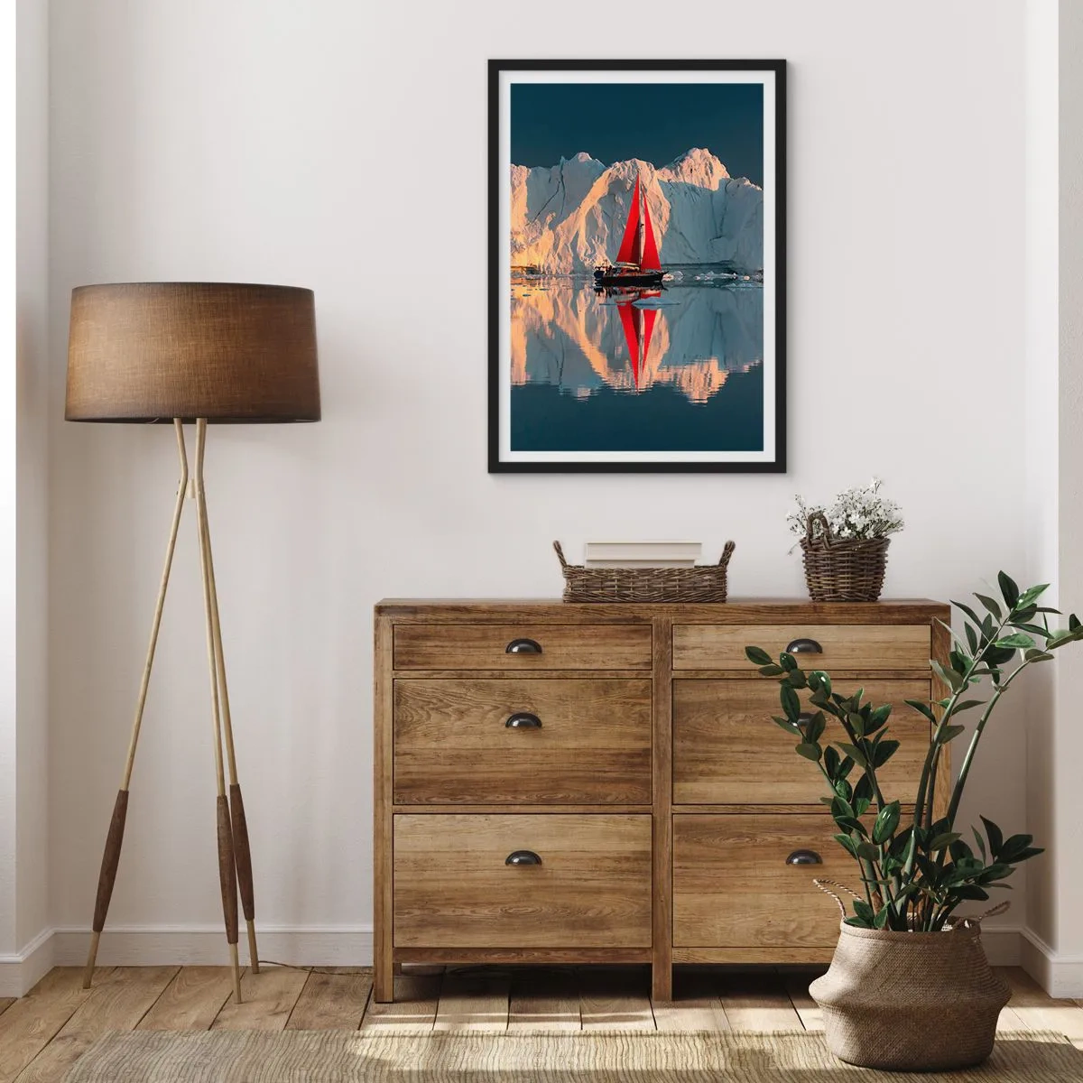 Plakat w czarnej ramie - Czerwony żagiel łodzi na tle lodowców i spokojnej wody - 50x70cm - Na krańcu świata - Nowoczesna dekoracja ścienna do salonu i sypialni ARTTOR
