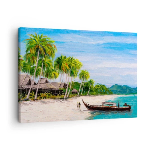 Obraz na płótnie - Egzotyczna plaża z palmami i łodzią przy brzegu - 70x50cm - Egzotyczny sen - Nowoczesna dekoracja ścienna do salonu i sypialni ARTTOR