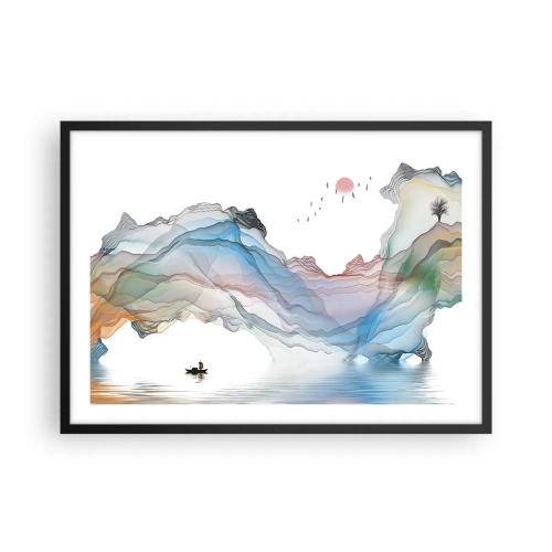 Plakat w czarnej ramie - Subtelny krajobraz z górami, wodą i łódką - 70x50cm - Ku kryształowym górom - Nowoczesna dekoracja ścienna do salonu i sypialni ARTTOR