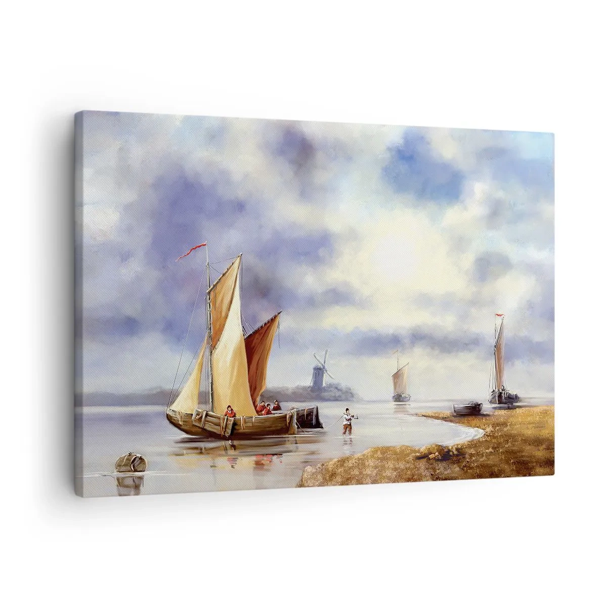 Obraz na płótnie - Żaglówki na spokojnej wodzie z wiatrakami w tle - 70x50cm - Powrót żeglarzy - Nowoczesna dekoracja ścienna do salonu i sypialni ARTTOR