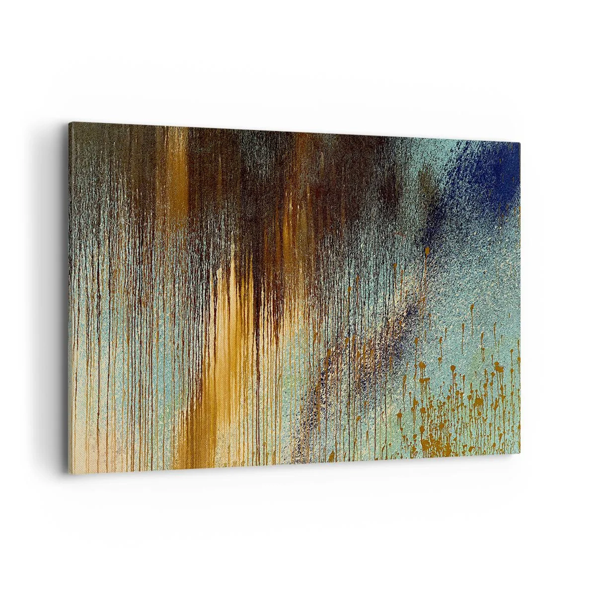 Obraz na płótnie - Abstrakcyjna kompozycja barw w odcieniach złota, brązu i błękitu - 100x70cm - Nieprzypadkowa barwna kompozycja - Nowoczesna dekoracja ścienna do salonu, kuchni i sypialni ARTTOR