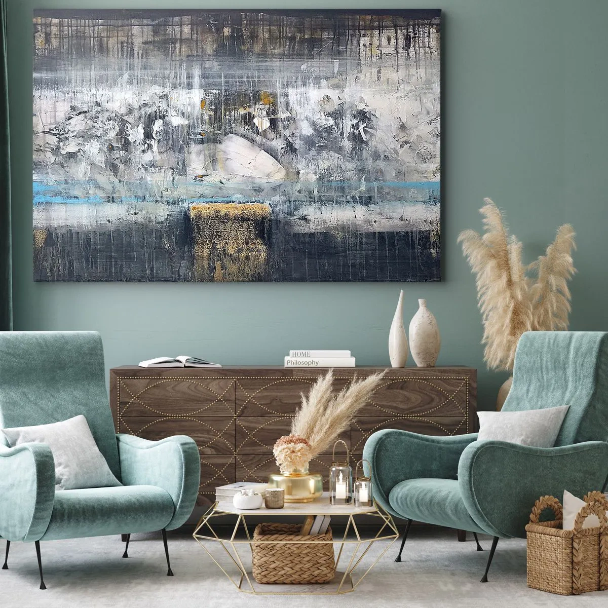 Obraz na płótnie - Abstrakcyjna kompozycja w chłodnych tonacjach - 120x80cm - Jak po lodzie, jak po grudzie - Nowoczesna dekoracja ścienna do salonu, kuchni i sypialni ARTTOR