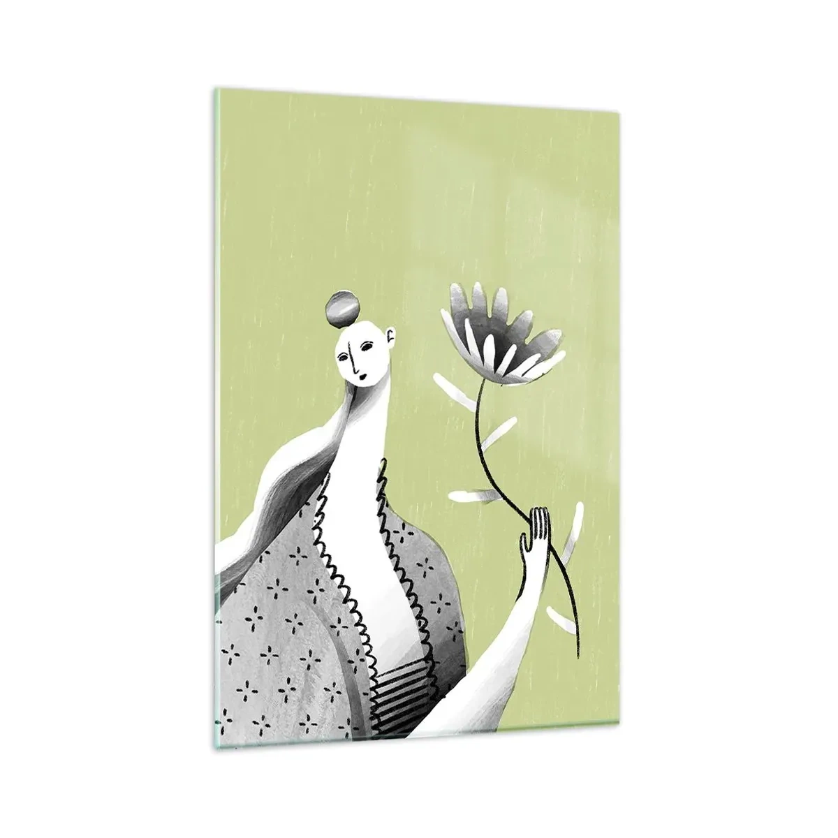 Obraz na szkle - Abstrakcyjna postać kobiety trzymająca kwiat na zielonym tle - 80x120cm - Portret modernistyczny – trzymająca kwiat - Nowoczesna dekoracja ścienna do salonu i sypialni ARTTOR