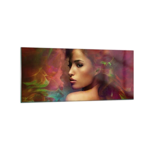 Obraz na szkle - Kobieta z kolorowymi refleksami tworzącymi abstrakcyjne tło - 120x50cm - Piękniejsza od tęczy, delikatna jak mgła - Nowoczesna dekoracja ścienna do salonu i sypialni ARTTOR