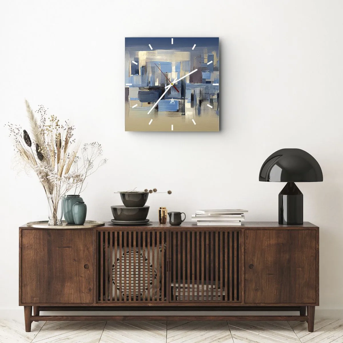 Zegar ścienny - Geometryczne formy w odcieniach błękitu i beżu - 30x30cm - Błękitna konstrukcja - Nowoczesna dekoracja ścienna do salonu i sypialni ARTTOR