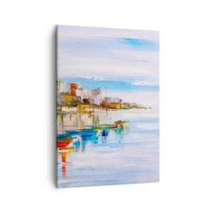 Obraz na płótnie - Abstrakcyjne przedstawienie miasta odbijającego się w wodzie - 50x70cm - Wielobarwna miejska przystań - Nowoczesna dekoracja ścienna do salonu, kuchni i sypialni ARTTOR