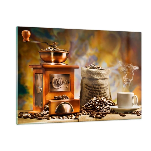 Obraz na szkle - Młynek do kawy, ziarna i filiżanka na drewnianym stole - 120x80cm - Chrzęst ziaren, terkot młynka - Nowoczesna dekoracja ścienna do salonu, kuchni i sypialni ARTTOR