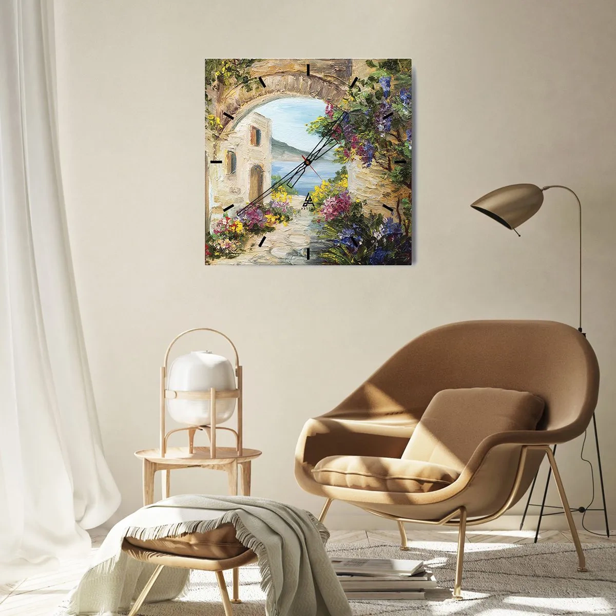 Zegar ścienny - Nadmorski krajobraz z kamiennymi budynkami i kwiatami - 30x30cm - Urok nadmorskiej prowincji - Nowoczesna dekoracja ścienna do salonu i sypialni ARTTOR