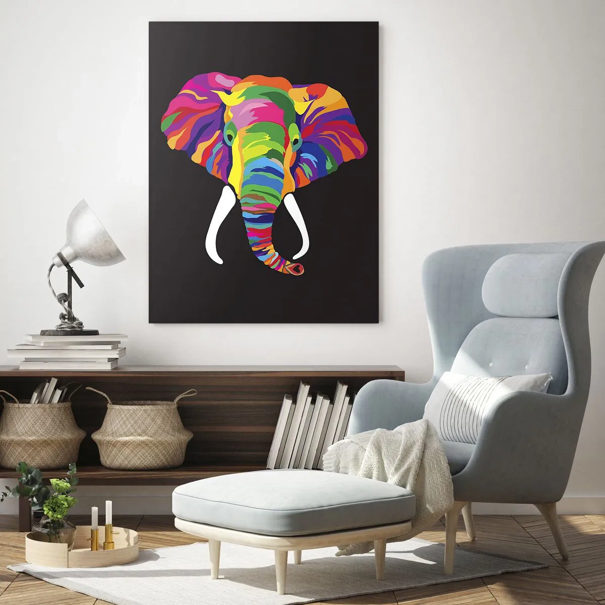 Obraz na szkle - Kolorowy słonik na czarnym tle w artystycznym stylu - 50x70cm - Słoń, który kochał kąpać się w tęczy - Nowoczesna dekoracja ścienna do salonu, kuchni i sypialni ARTTOR