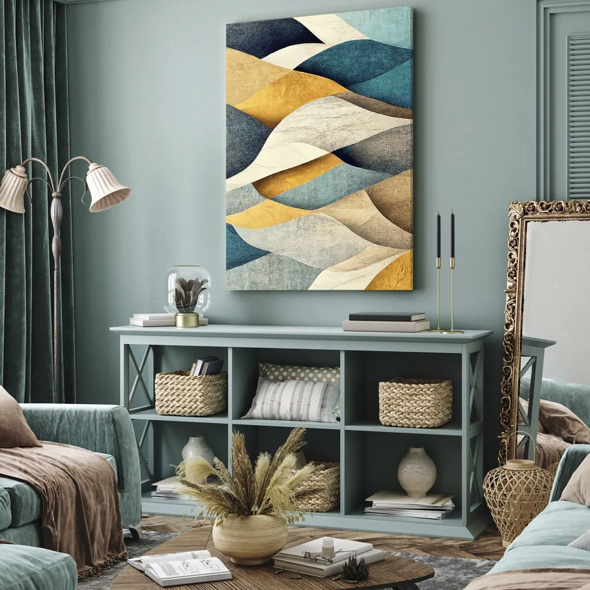 Obraz na płótnie - Abstrakcyjne fale w odcieniach złota, beżu i turkusu - 50x70cm - Rytm i falowanie - Nowoczesna dekoracja ścienna do salonu, kuchni i sypialni ARTTOR