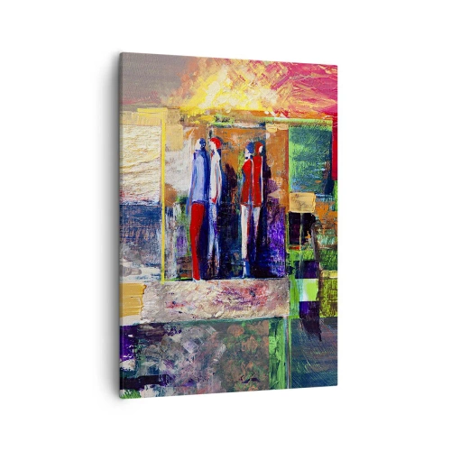 Obraz na płótnie - Abstrakcyjna scena z sylwetkami ludzi w kolorowej przestrzeni - 50x70cm - Relacje i emocje - Nowoczesna dekoracja ścienna do salonu, kuchni i sypialni ARTTOR