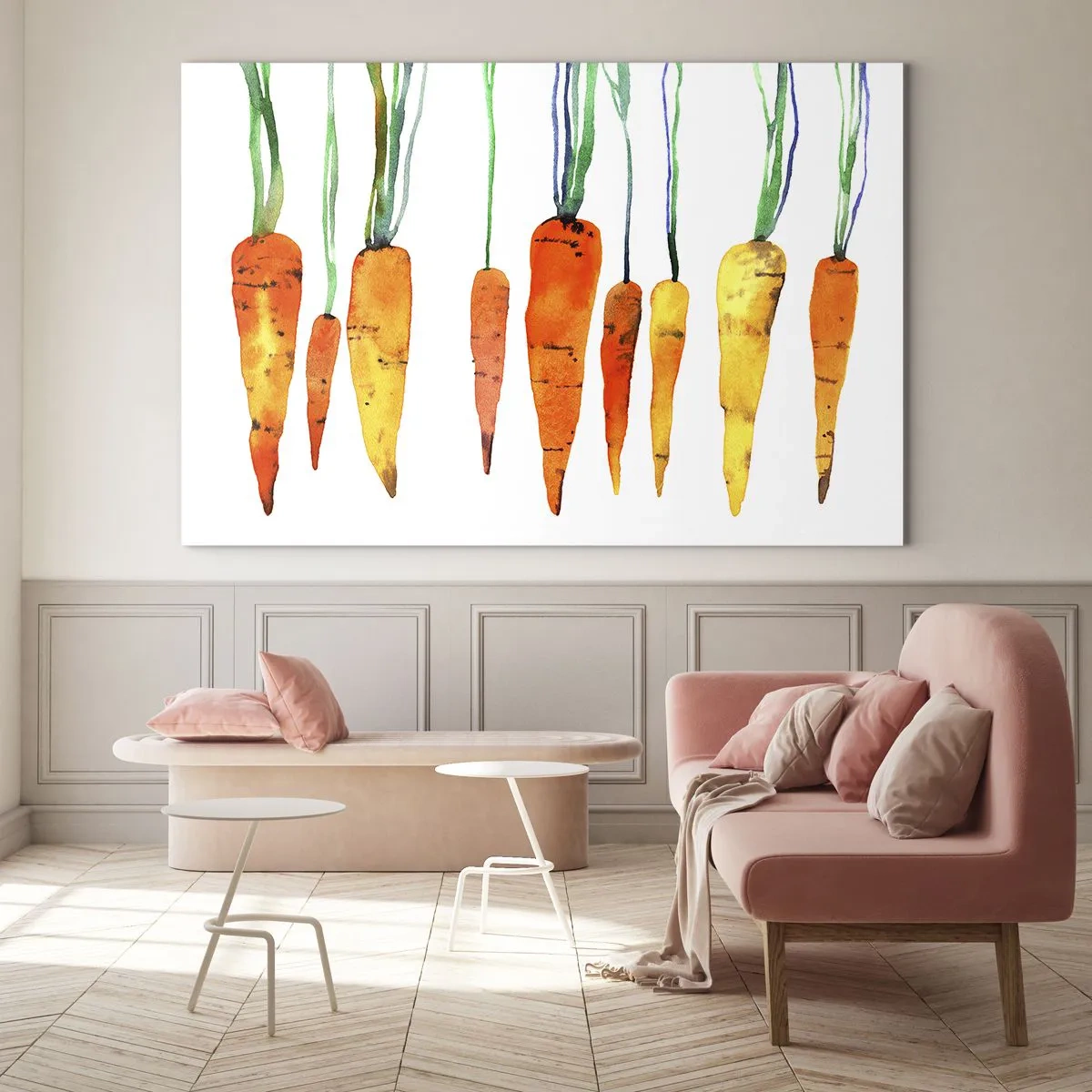 Obraz na szkle - Akwarelowe marchewki w różnych odcieniach pomarańczu z zielonymi łodygami - 70x50cm - Uroda zwyczajności - Nowoczesna dekoracja ścienna do salonu i sypialni ARTTOR