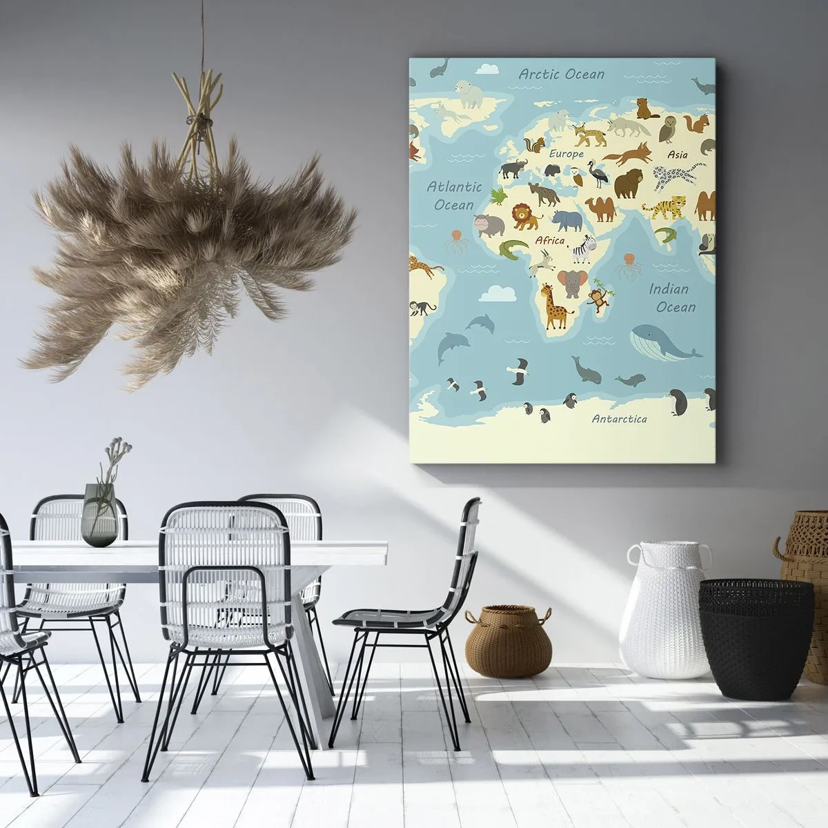 Obraz na płótnie - Kolorowa mapa świata z ilustracjami zwierząt na każdym kontynencie - 50x70cm - Dobrzy sąsiedzi - Nowoczesna dekoracja ścienna do salonu, kuchni i sypialni ARTTOR