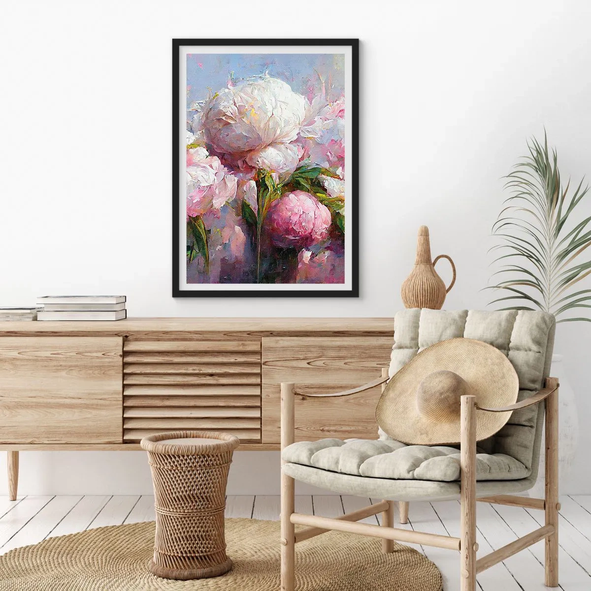 Plakat w czarnej ramie - Peonie w romantycznej, malarskiej kompozycji - 50x70cm - Kipiący życiem bukiet - Nowoczesna dekoracja ścienna do salonu i sypialni ARTTOR
