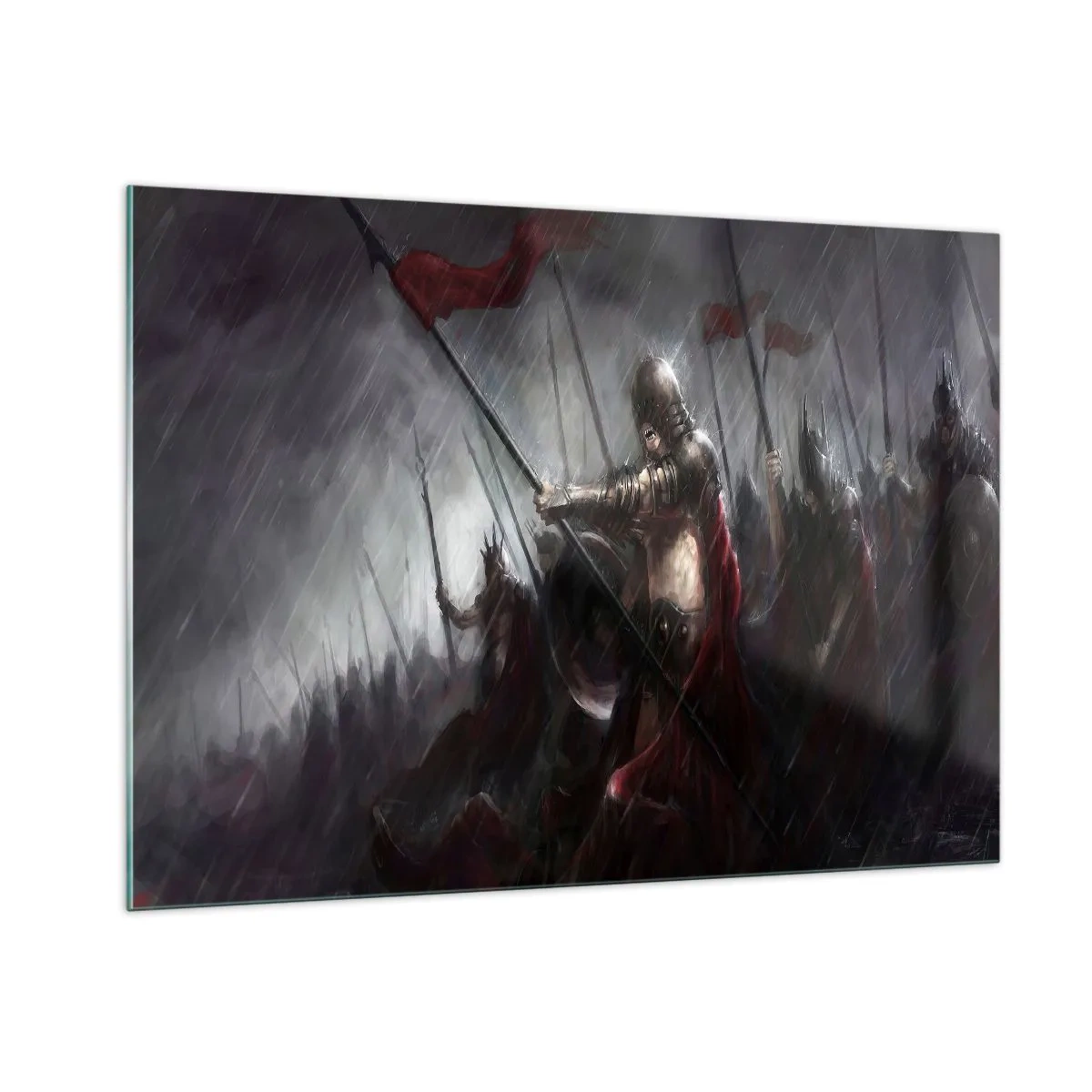 Obraz na szkle - Rycerze w deszczu na polu bitwy w pełnym rynsztunku - 100x70cm - Przechodniu, powiedz Sparcie… - Nowoczesna dekoracja ścienna do salonu, kuchni i sypialni ARTTOR
