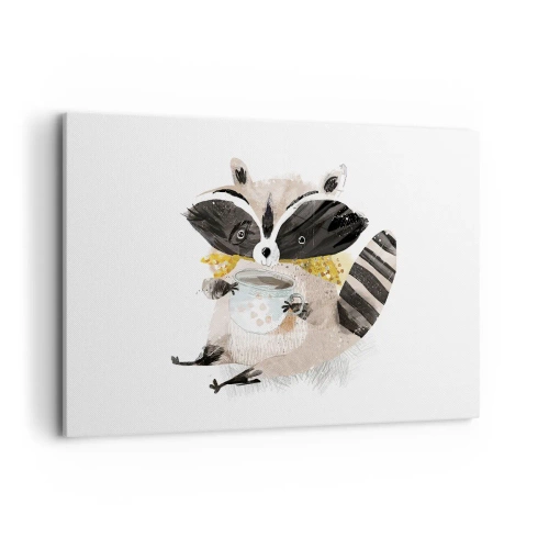 Obraz na płótnie - Uroczy szop trzymający kubek w pastelowych kolorach - 120x80cm - Mój przyjaciel szop - Nowoczesna dekoracja ścienna do salonu, kuchni i sypialni ARTTOR