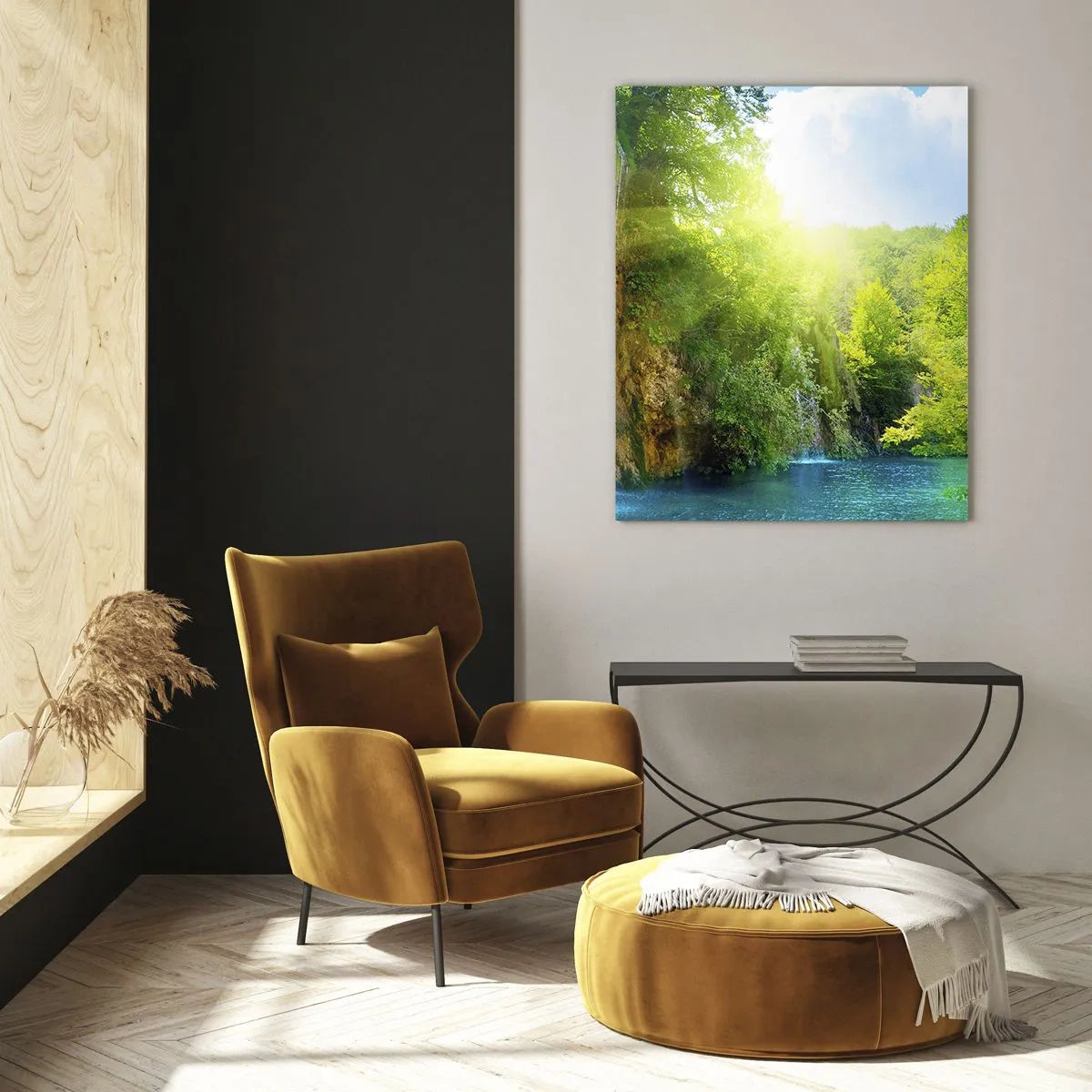 Obraz na szkle - Wodospad wpadający do błękitnego jeziora otoczonego zielenią - 50x70cm - To musi być Eden - Nowoczesna dekoracja ścienna do salonu, kuchni i sypialni ARTTOR