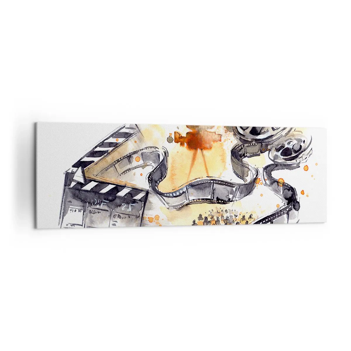 Obraz na płótnie - Symbolika kina z filmową taśmą w artystycznej akwareli - 160x50cm - W krainie snów - Nowoczesna dekoracja ścienna do salonu i sypialni ARTTOR