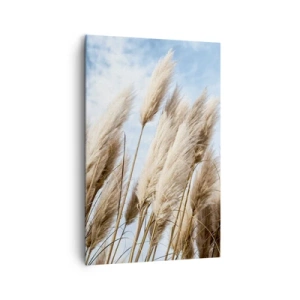Obraz na płótnie - Delikatne trawy pampasowe na tle błękitnego nieba z lekkimi chmurami - 80x120cm - Słoneczna i wietrzna pieszczota - Nowoczesna dekoracja ścienna do salonu i sypialni ARTTOR