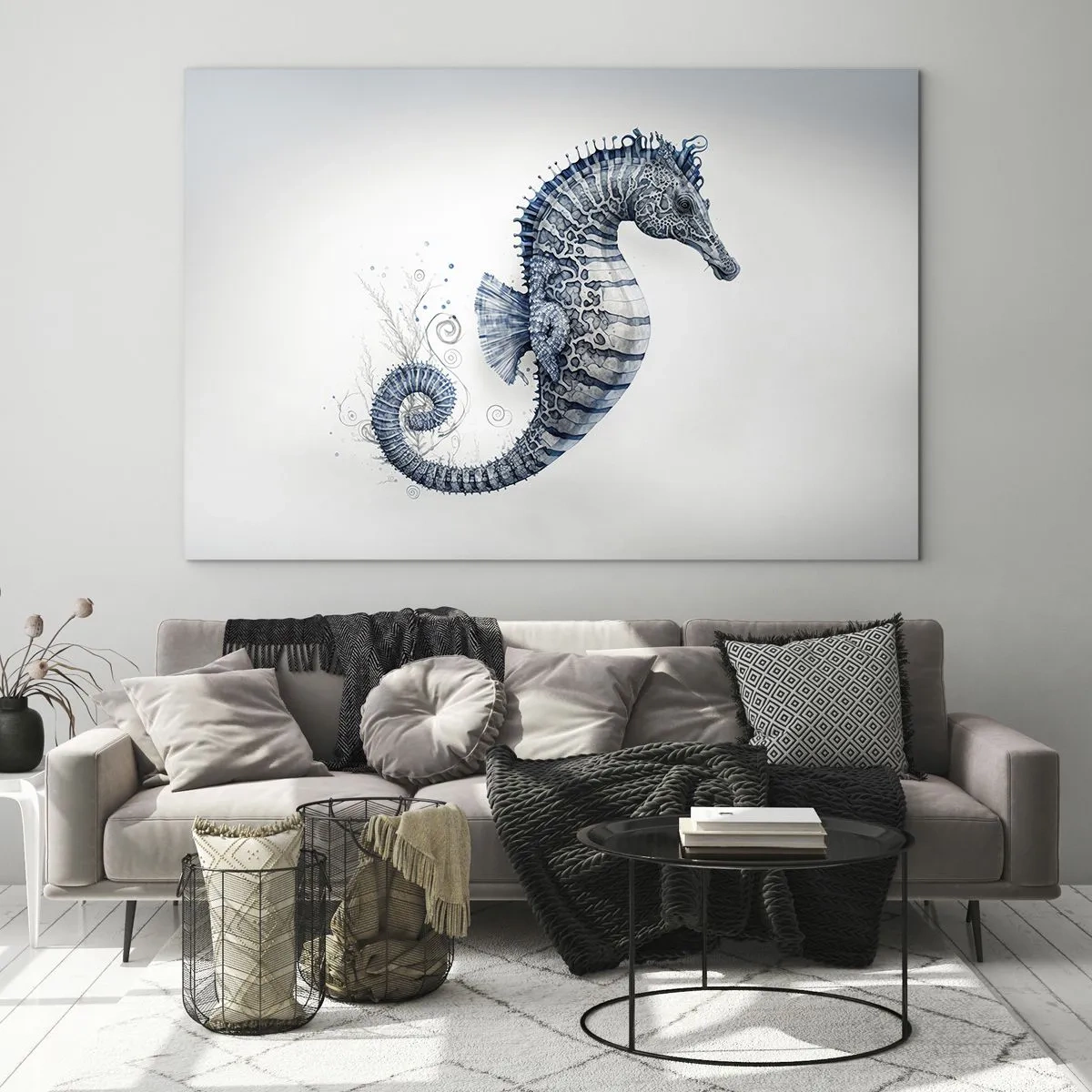 Obraz na szkle - Niebieski konik morski na jasnym tle w stylu rysunku - 70x50cm - Subtelny żart natury - Nowoczesna dekoracja ścienna do salonu i sypialni ARTTOR